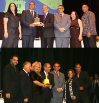 Representantes del Ayuntamiento de San José de las Matas y del Ayuntamiento de Santiago de los Caballeros reciben sus respectivos premios de mano del presidente Danilo Medina.