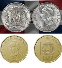 Monedas de RD$1.00, peso dominicano.