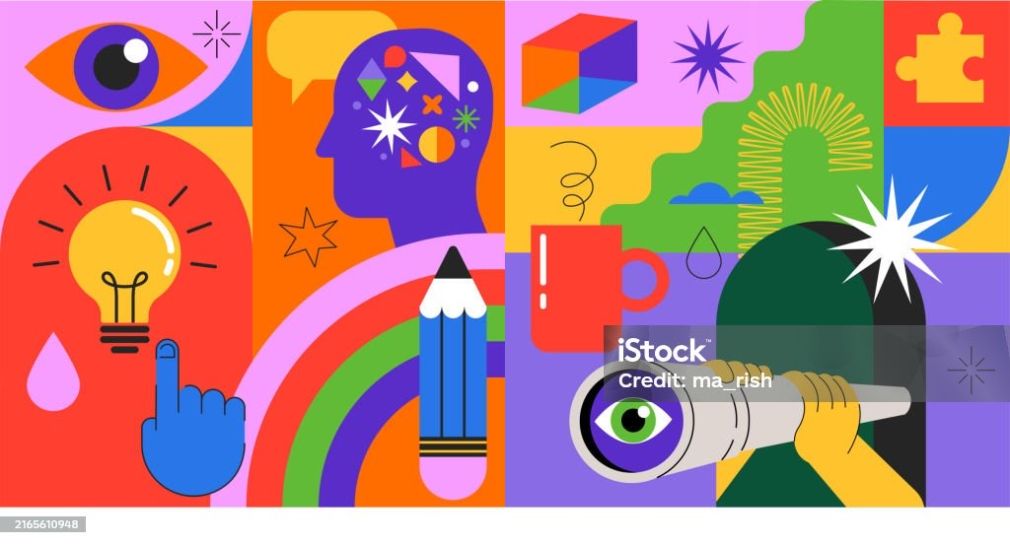 Fuente: Idea, thinking out of the box, creativity and design background, banner, poster. Geometrical style vector designwith light bulb, brain, pencil. Colorful concept illustration (Uso libre y derechos reservados)