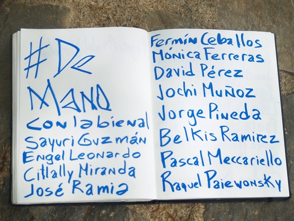 Anotaciónes de Héctor Eliazar Ortiz Roa de los artistas que iniciaron el movimiento "De mano con la Bienal" y los que se han ido sumando, publicado en su muro de Facebook.