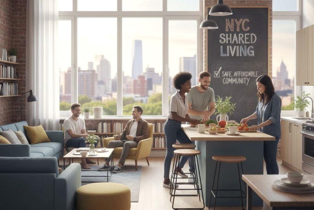 Ilustración sobre cómo podría ser el ambiente en una vivienda compartida en Nueva York. Creada por do.municipiosaldia.com con Gemini.