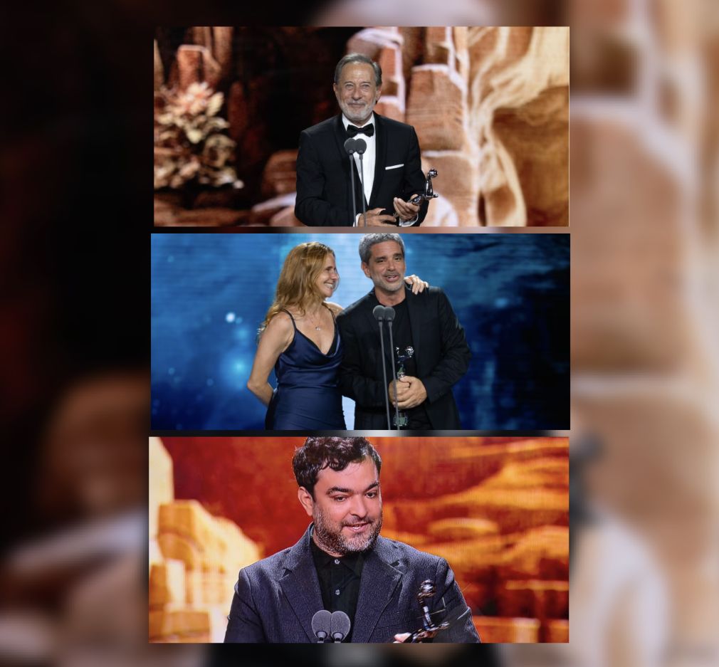 Arriba: Guillermo Francella, actor argentino, cuando recibía el Premio Platino de Honor 2026. Foto de EGED Comunicaciones. Al centro: Bruno Stagnaro, director y guionista de El Eternauta cuando recibía el Premio Platino Xcaret 2026 por su miniserie. Foto EGEDA Comunicaciones. Abajo: Tomás Ricardo Espaillat, director y guionista de Olivia y las Nubes, cuando recibía el primer Premio Platino para República Dominicana.