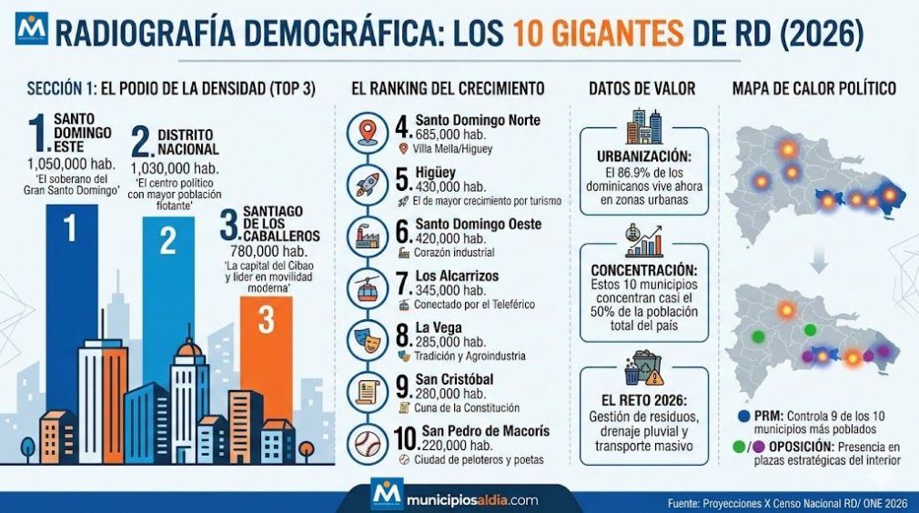 Radiografía demográfica de los 10 municipios más poblados de República Dominicana.