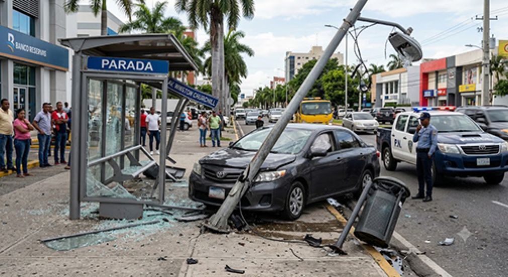 Ilustración de un accidente donde se ven afectados los bienes públicos de la ciudad, lograda con Gemini IA.