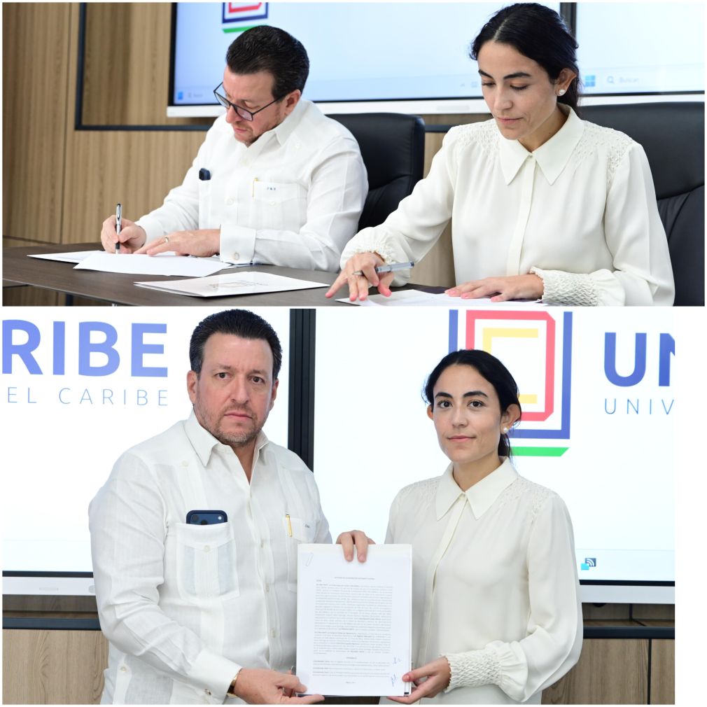 Sofía Elvira Espaillat, presidenta de Fundación Raíces de Esperanza y José Alejandro Aybar, canciller de UNICARIBE, firman acuerdo.