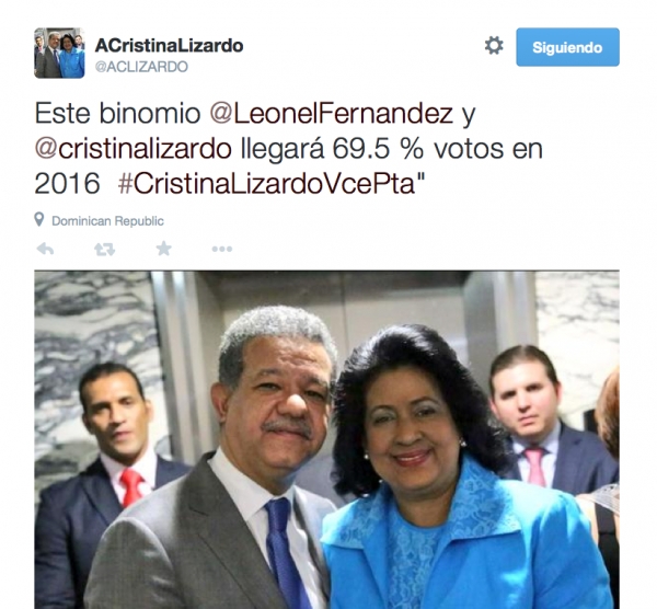 Fascimile de pantalla de la computadora donde se ve tal cual el twitt de la presidente del Senado Cristina Lizardo motivando su candidatura a la vicepresidencia de la República como binomio con el expresidente Leonal Fernández.