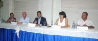 El viceministro de Deportes, Marcos Díaz, junto a Cristopher Mustdux, Irina Pérez, Franklin de la Cruz y Yadhira Bruno en la rueda de prensa.
